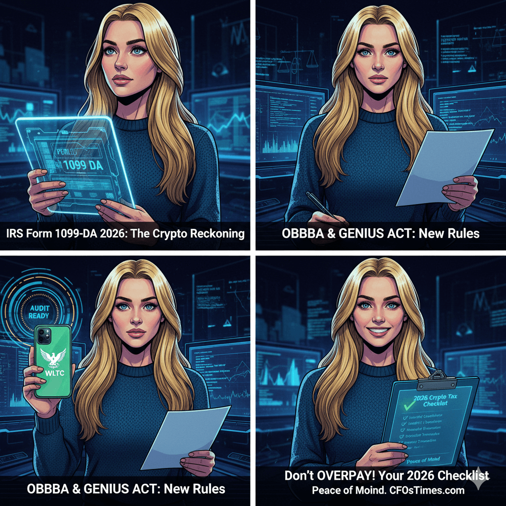 Infographic showing IRS Form 1099-DA 2026 boxes for digital asset reporting.